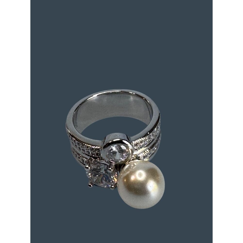 Womens Size 8 18K GP Silver Ring With Pearl & Cubic Zirconia Stones - Picture 3 of 8
